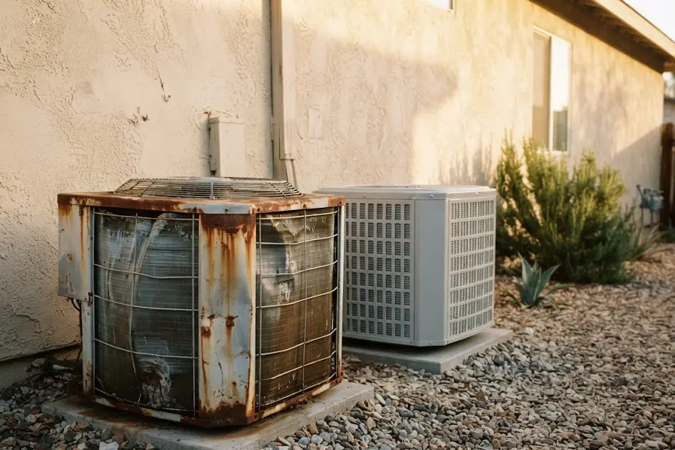 Old rusted air conditioner condenser with bent fins next to a new condenser on a gravel side yard