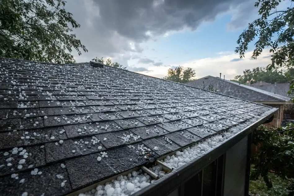 Asphalt shingle roof scattered with small white hailstones after a storm, with more hailstones collected in the gutter