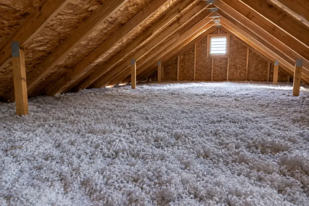 Attic floor covered with a thick, even layer of blown-in insulation between the roof rafters