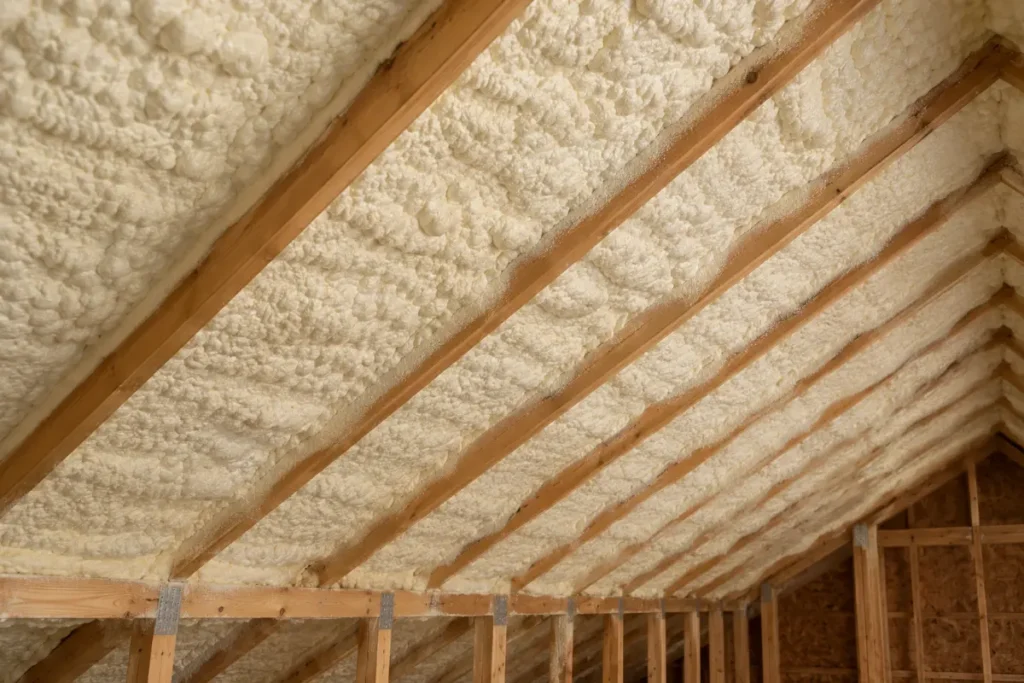 Closed-cell spray foam insulation applied to the underside of a wooden roof deck in an attic
