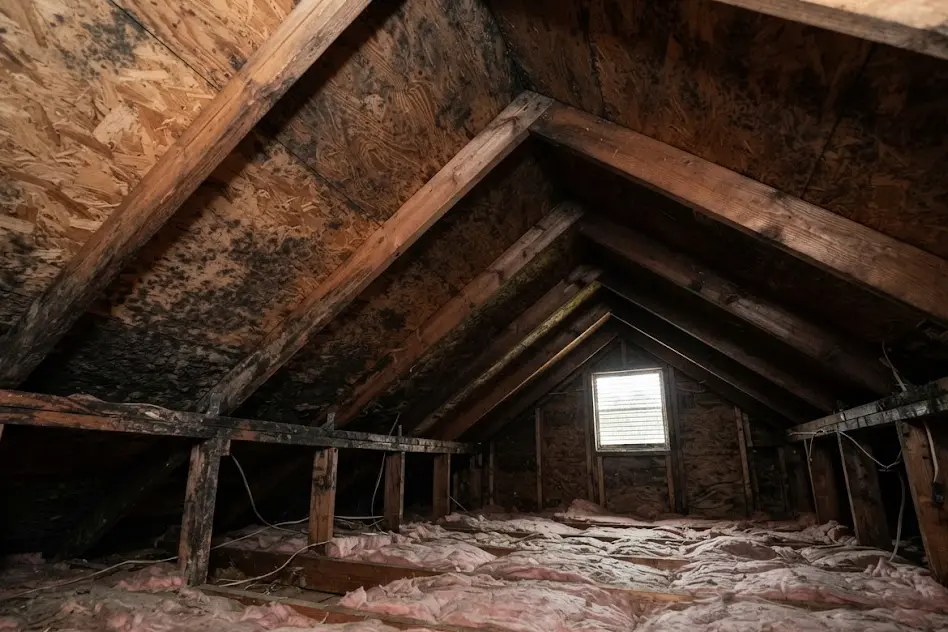 Dark mold spots spreading across the underside of plywood roof sheathing and rafters in an attic above fiberglass insulation