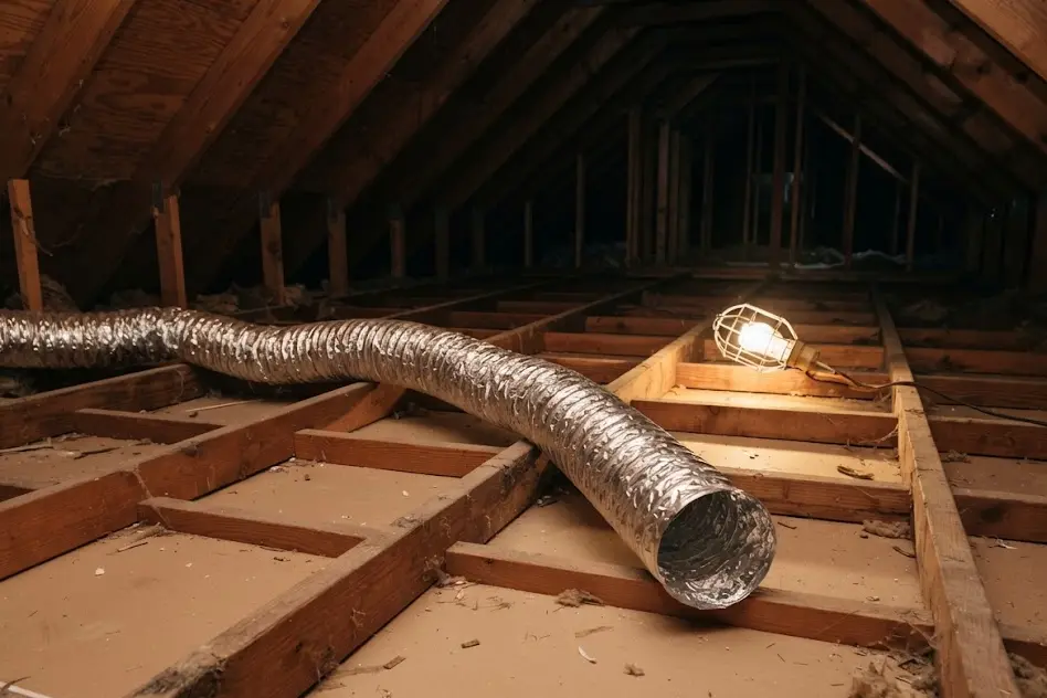Attic floor with old insulation removed, exposing ceiling joists and a flexible exhaust duct ending loose above the ceiling