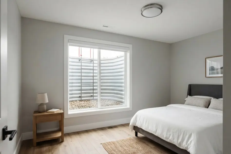 Finished basement bedroom with an egress window set in a gravel-lined window well and a fixed steel ladder