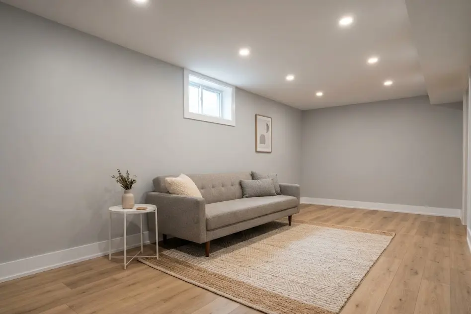 Remodeled finished basement living area with new wide-plank vinyl flooring, recessed ceiling lights and a light gray painted drywall