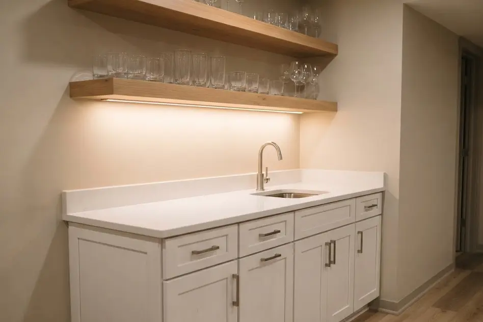 Basement wet bar with a small stainless sink, white shaker cabinets, a quartz counter and open wood shelves