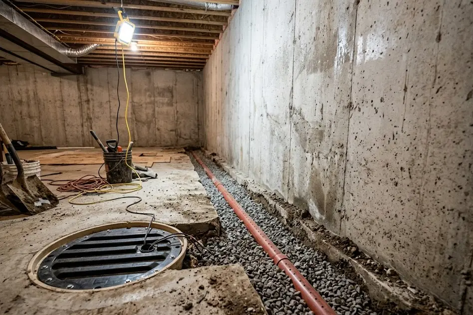 Unfinished basement with a gravel-filled drainage trench cut along the base of a poured concrete wall and a covered sump pit in the corner