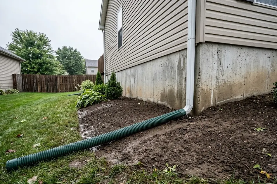 Soil graded away from a house foundation with a downspout extension discharging onto the lawn