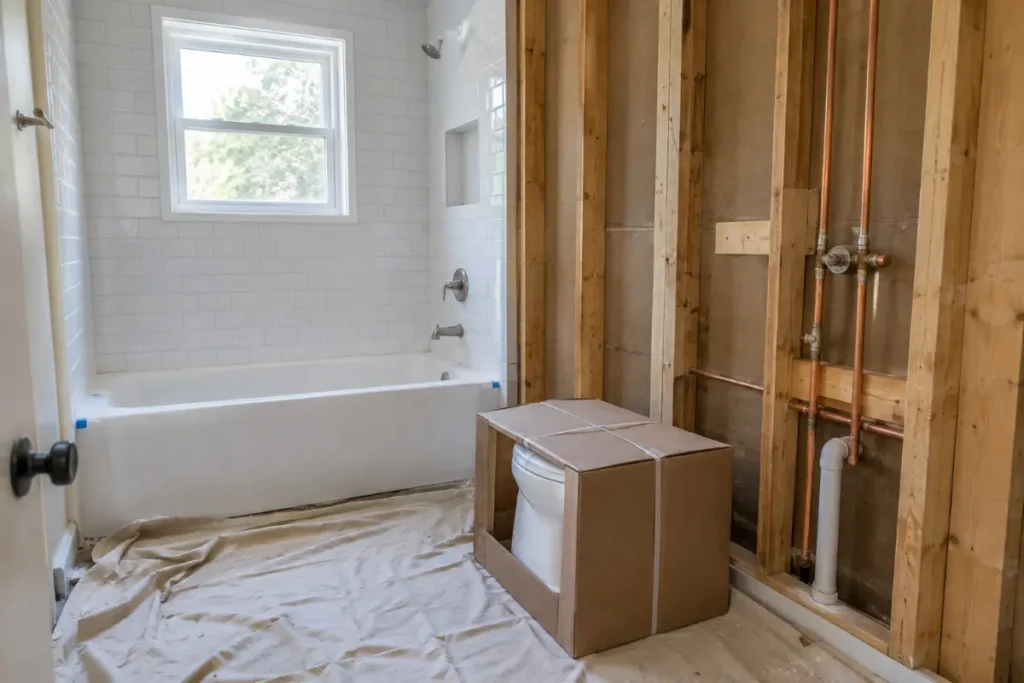 Small bathroom mid-remodel with new white wall tile around a tub, the vanity area stripped to bare studs and a new toilet waiting in its box