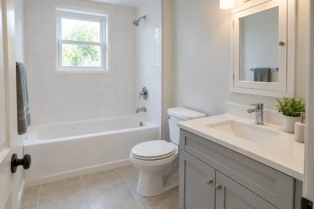 Finished small bathroom with a gray vanity, tiled tub surround, ceramic tile floor and a recessed medicine cabinet