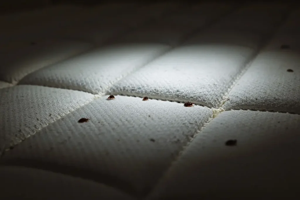 Flashlight beam on the seams of a mattress showing small reddish-brown bed bugs