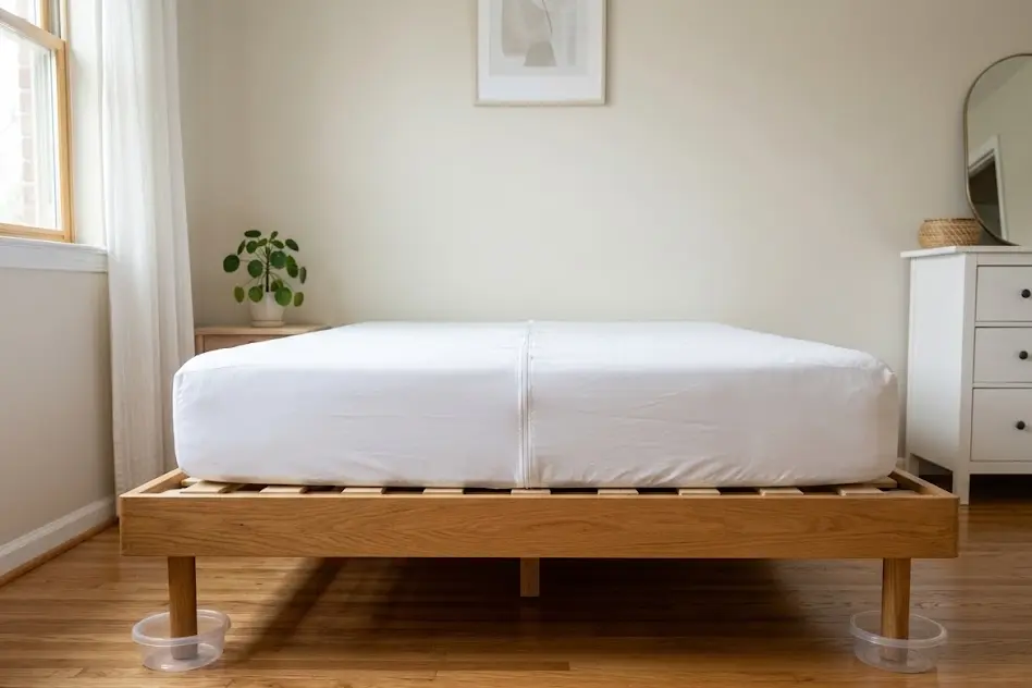 Bed with the mattress sealed in a white zippered encasement and clear plastic cups under its legs