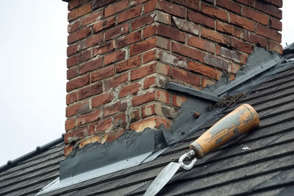 Old red brick chimney with worn mortar joints and patched flashing at its base, a mason trowel resting on the roof shingles beside it
