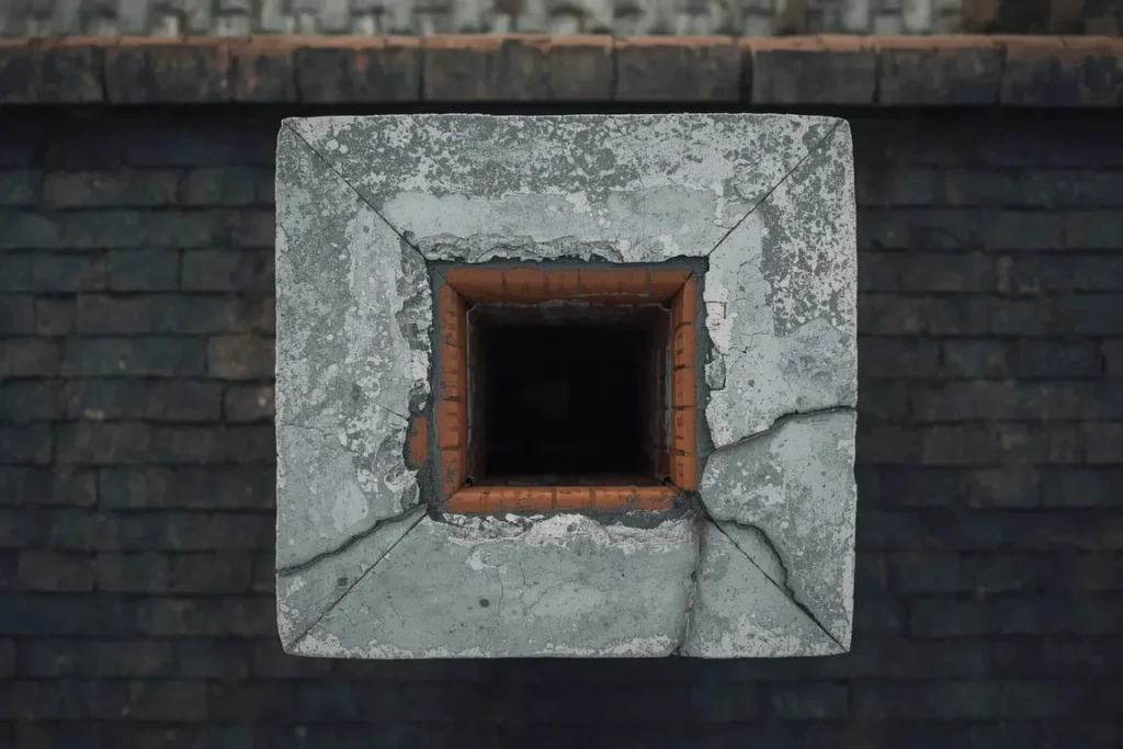 Cracked concrete chimney crown seen from above, around a square clay flue tile opening