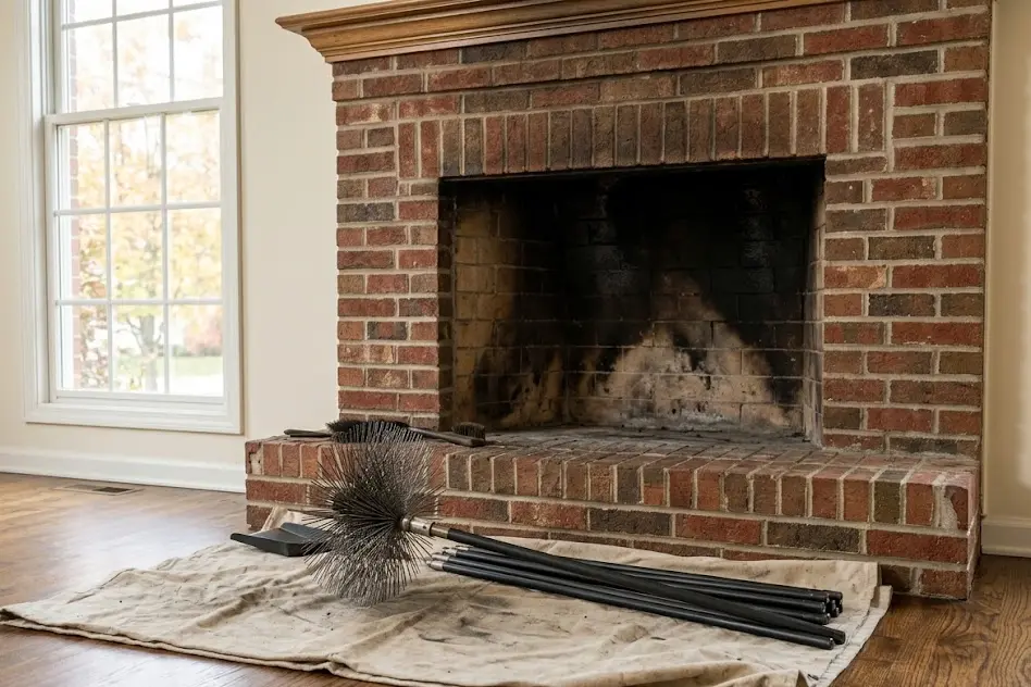 Open brick fireplace firebox with soot-darkened walls and a chimney brush with extension rods on a drop cloth
