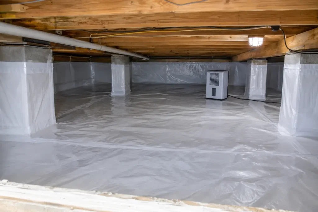 Encapsulated crawl space with a white vapor barrier covering the ground and walls under the floor joists