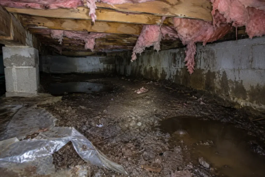 Damp crawl space with wet soil, puddles and sagging insulation between the floor joists