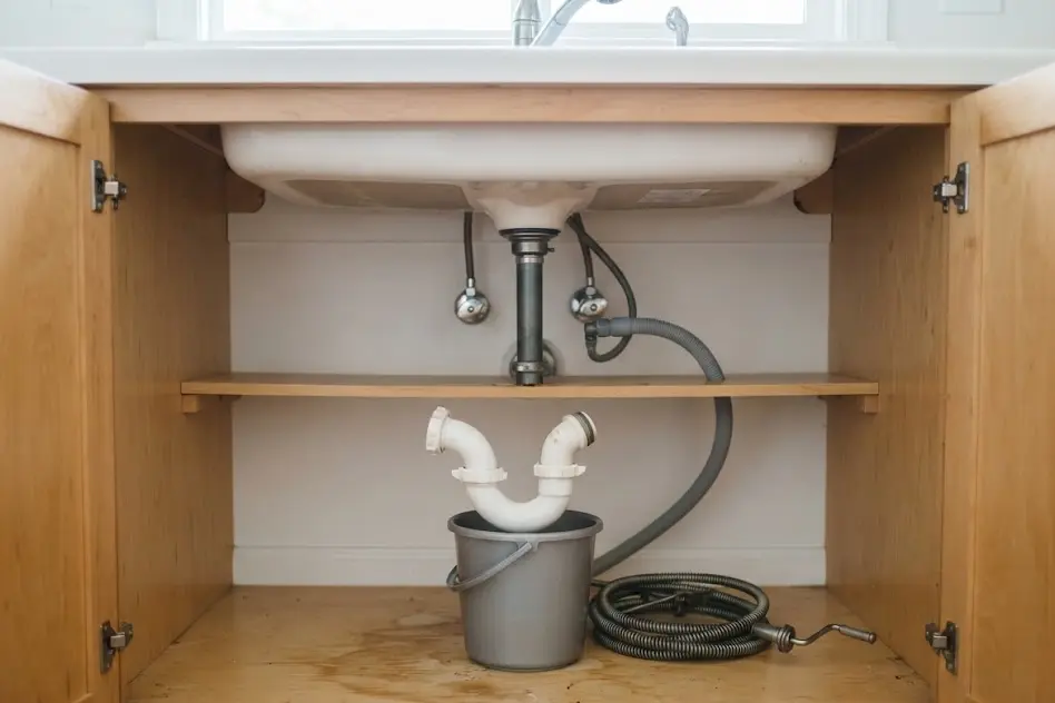 Open cabinet under a kitchen sink with the white PVC P-trap removed and set in a bucket, and a hand drain auger on the cabinet floor