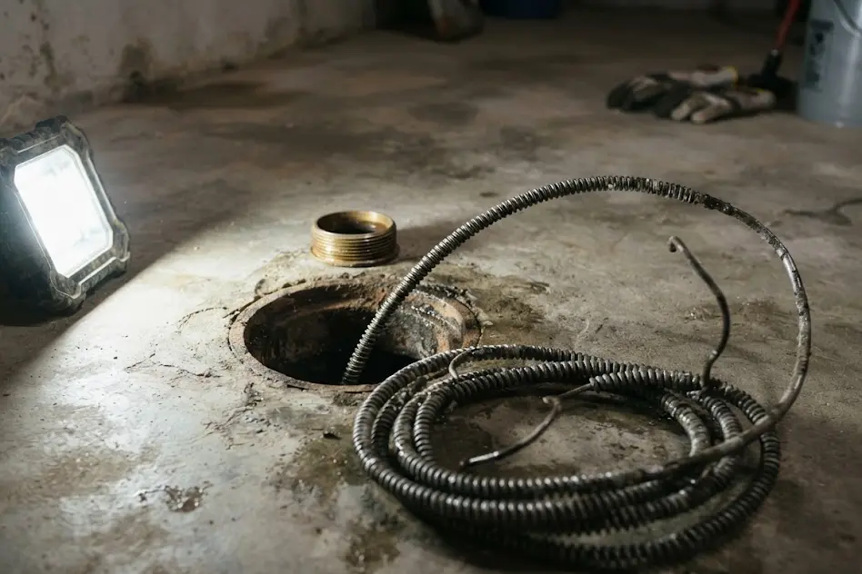 Floor cleanout cap removed in a basement with a coiled drain cleaning cable beside the open pipe