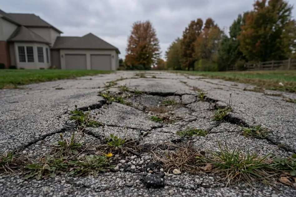 Cracked and sunken old asphalt driveway with weeds growing through the gaps