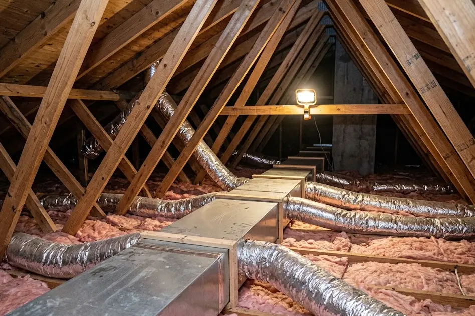 Rectangular sheet metal supply trunk with foil-wrapped flexible branch ducts over pink insulation in a house attic