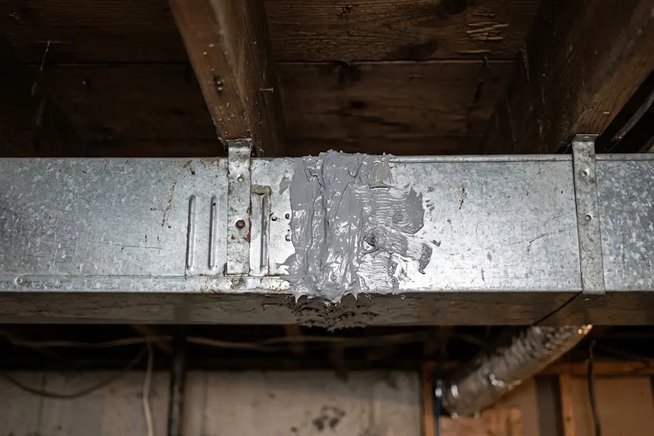 Sheet metal duct joint sealed with gray mastic under the floor joists of a basement