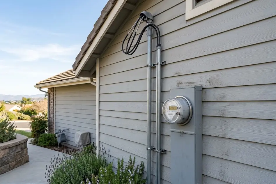 Electric meter and service mast mounted on the exterior wall of a house