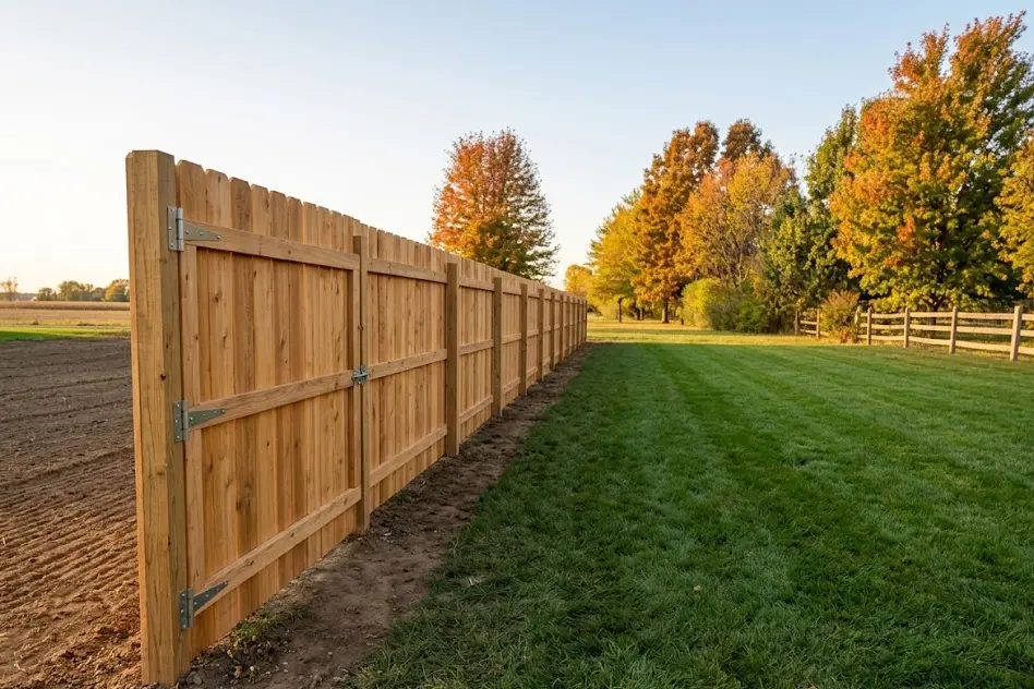 New six-foot wood privacy fence with a gate running along a backyard lawn