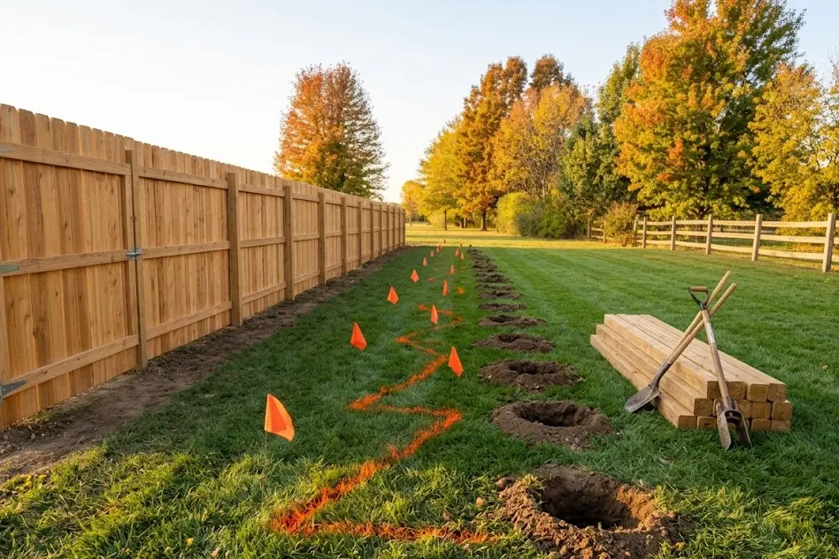 Orange utility marking flags and paint lines on a lawn next to freshly dug fence post holes and a stack of posts