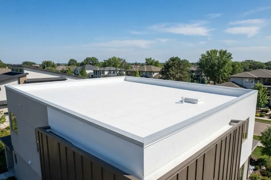 Low-slope flat roof on a modern house covered with a new white single-ply membrane and a metal edge along the parapet