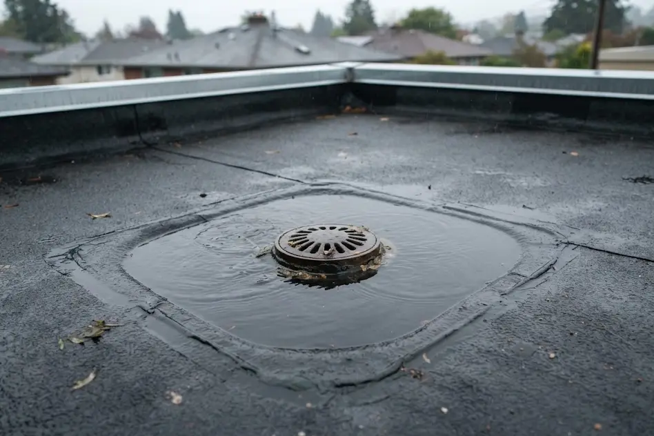 Flat roof with a black rubber membrane where rainwater has pooled in a shallow puddle near a round metal roof drain