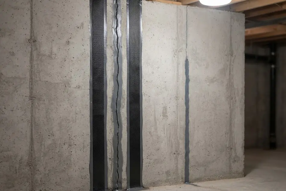 Poured concrete basement wall with carbon fiber straps across a crack and a second crack sealed with epoxy