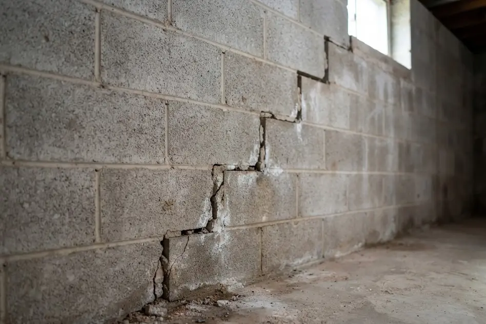 Stair-step crack running along the mortar joints of a concrete block basement wall