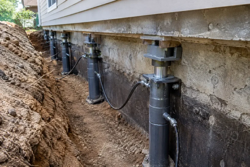 Hydraulic steel piers installed in an excavated trench along the concrete footing of a house