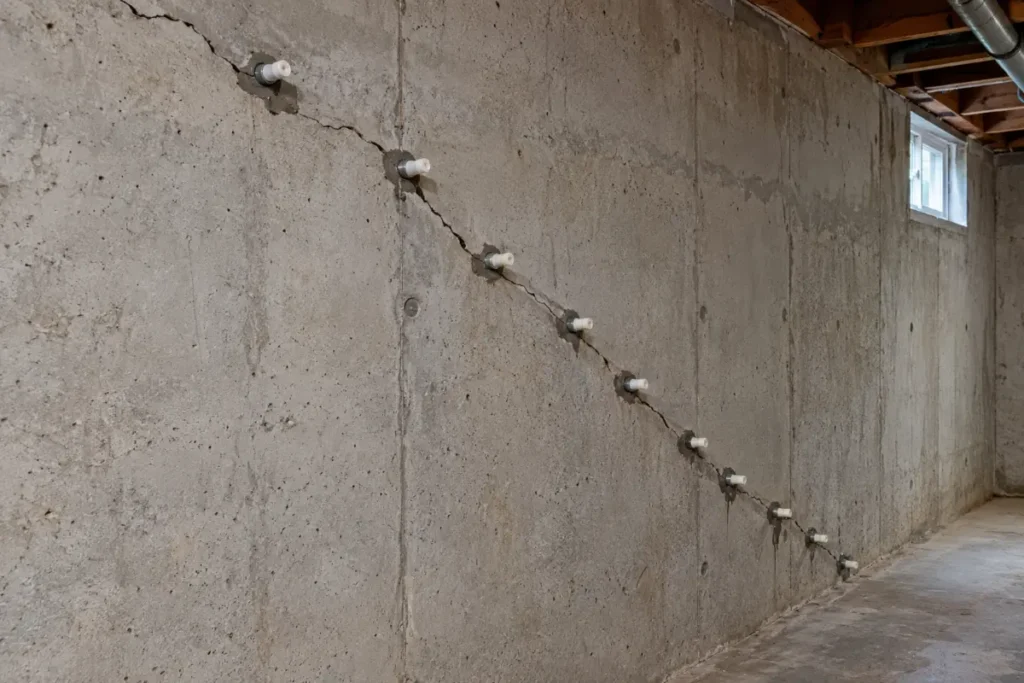 Diagonal crack running through a poured concrete basement wall with epoxy injection ports