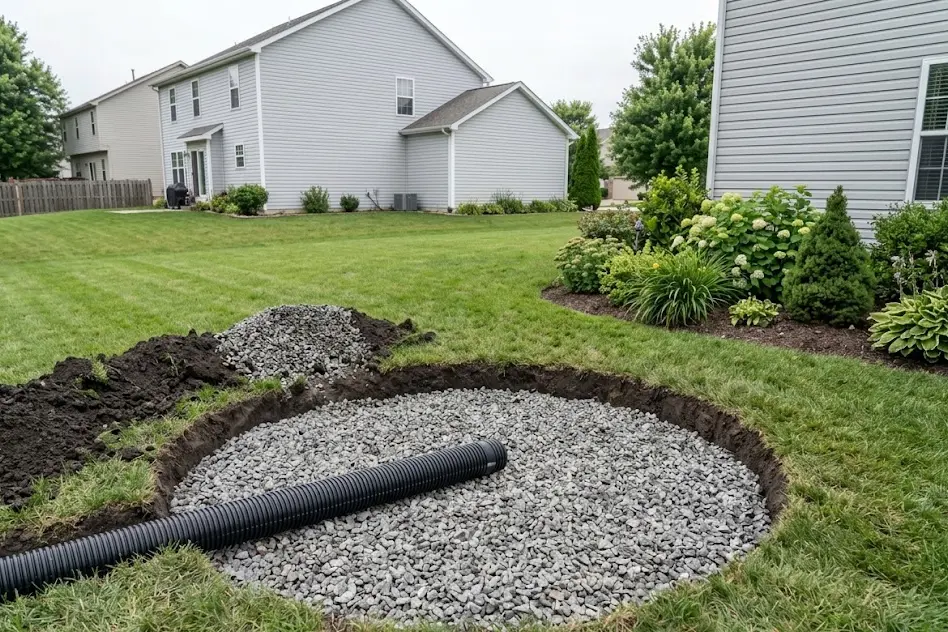 Dry well pit in a yard with a drain pipe feeding into a bed of gravel
