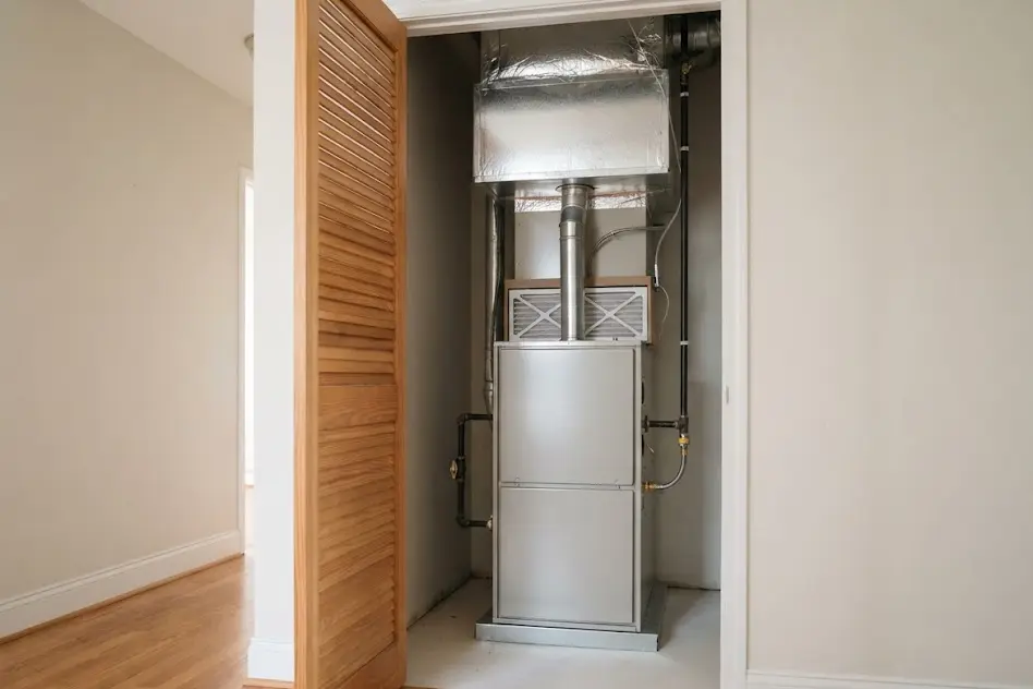New upflow gas furnace with its front panel on, installed in a narrow utility closet next to a filter slot and sheet metal ductwork