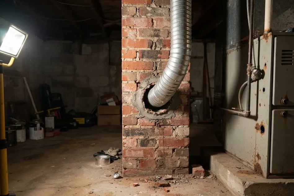 Stainless steel liner pipe running into the flue of an older masonry chimney beside a furnace in an unfinished basement