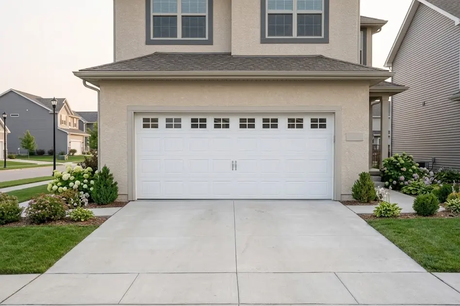 New white double garage door with a row of small windows in the top panel on a suburban house