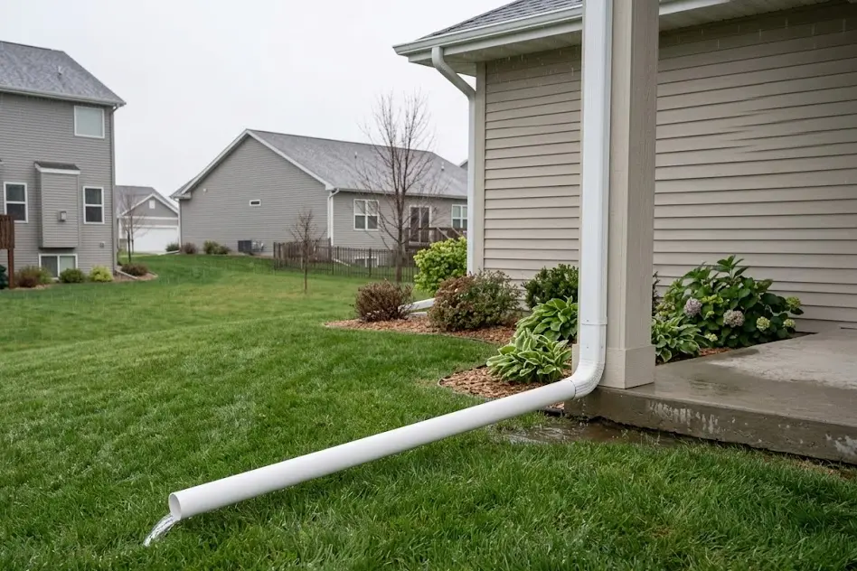 Downspout with a long extension carrying rainwater away from a house onto the lawn