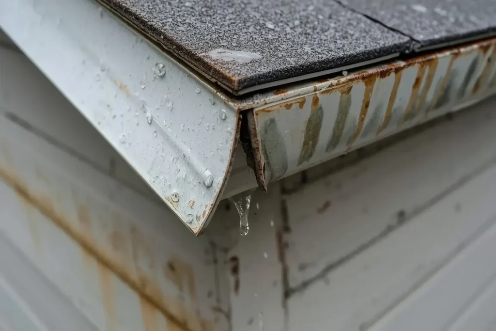 Close-up of a leaking corner joint on an aging metal gutter with water dripping and stains on the wall below