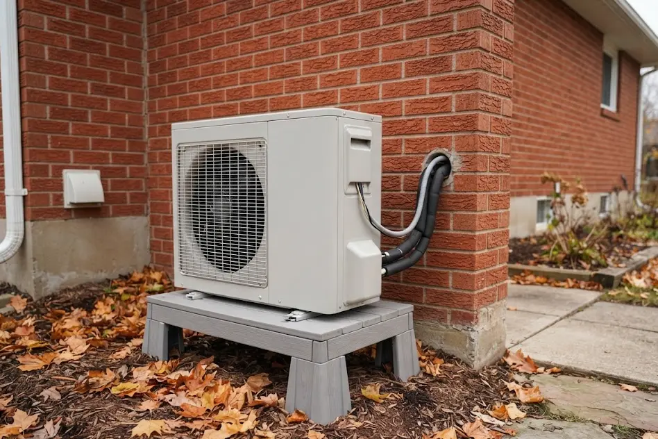 Outdoor heat pump unit on a raised plastic stand beside a brick house, with insulated refrigerant lines entering the wall and autumn leaves on the ground