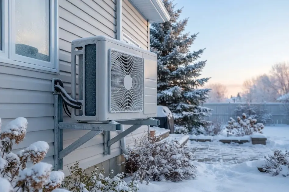 Heat pump outdoor unit mounted on wall brackets above a snow-covered yard behind a house in winter