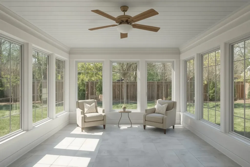 Four-season sunroom addition with large windows, a tiled floor and a ceiling fan, attached to the back of a house
