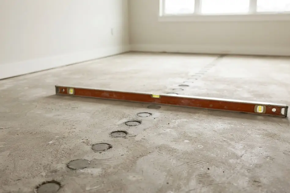 Small drilled holes in a concrete slab floor where foam was injected to lift it, with a long spirit level lying across the floor