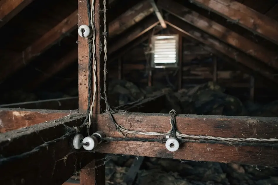 Old knob-and-tube wiring with ceramic knobs running along wooden joists in an unfinished attic