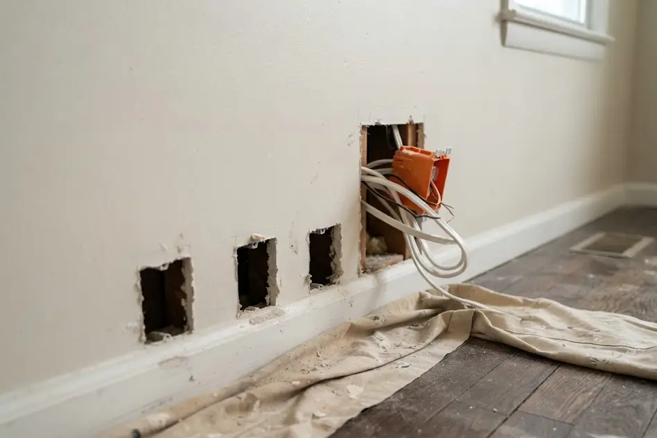 Interior wall with small drywall access holes cut near the floor and new electrical cable pulled through an open outlet box