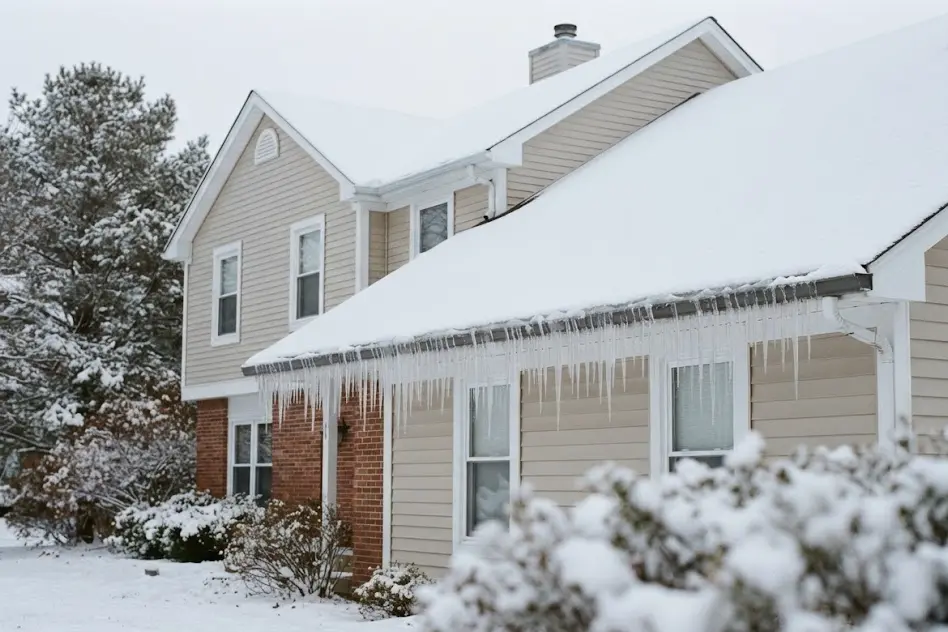 Snow-covered house roof in winter with icicles hanging from the gutter along the eaves