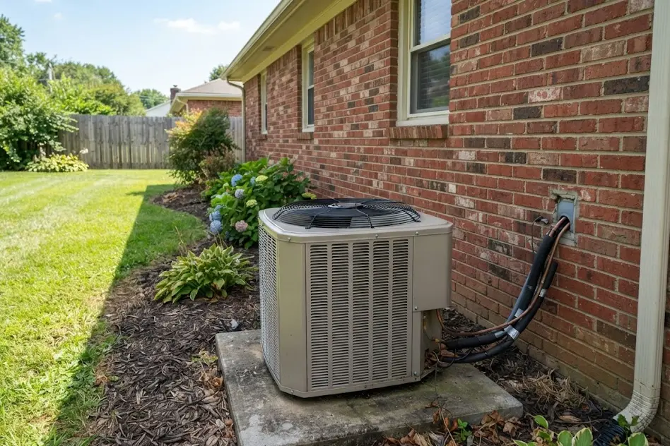 Central air conditioner condenser on a concrete pad beside a brick house, with refrigerant lines entering the wall