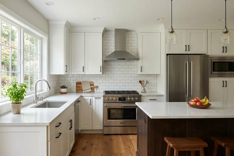 Remodeled kitchen with white shaker cabinets, quartz countertops and stainless steel appliances
