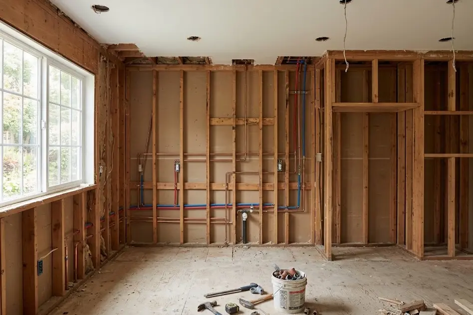 Kitchen mid-renovation with old cabinets removed, exposed wall studs and new plumbing lines
